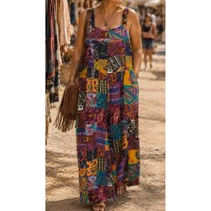 Patchwork Overall Jumpsuit Womens Sz 2XL Multicolor Boho Hippie Artsy Nomad Bib